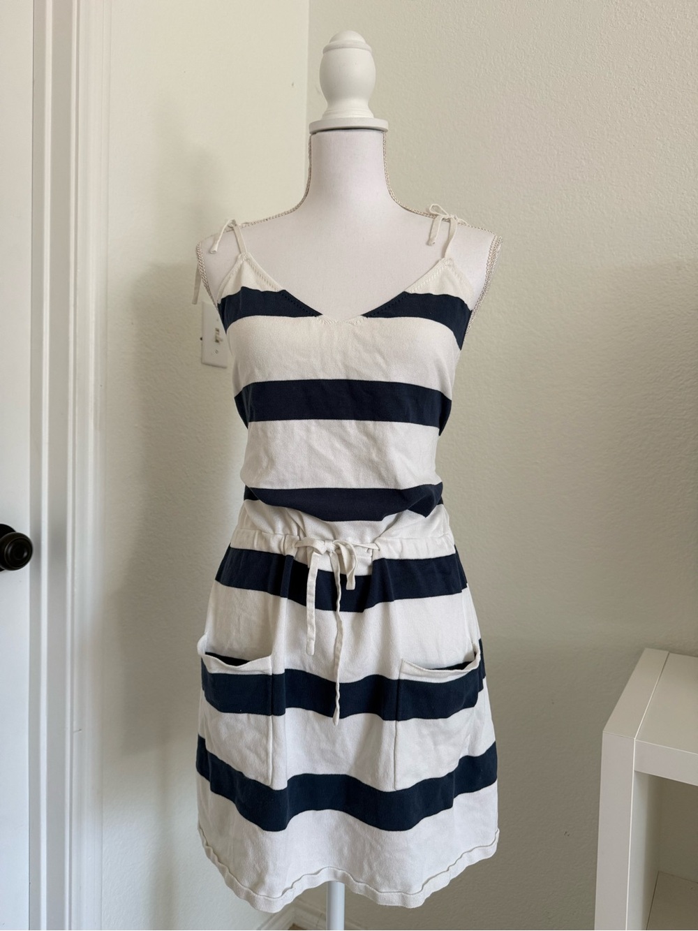 Striped Tie-Waist Tank Dress in Navy & White Large